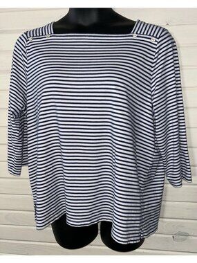 Talbots Sz PLUS 2X Button Shoulder Square Neck Blue White Stripe Knit Top EUC
